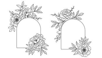 Peony Frame Line Art, Outline Floral Frame Hand Drawn Illustration. Coloring Page with Peony Flowers vector