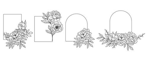 Peony Frame Line Art, Outline Floral Frame Hand Drawn Illustration. Coloring Page with Peony Flowers vector