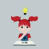 Thinking girl with red hair and a book. vector