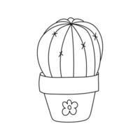 Hand drawn cute cactus in flower pot with flower in doodle style. Succulent home plant. Black and white outline vector illustration isolated on a white background.