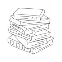 Pile of different books with book marks. Hand drawn doodle stack of books, textbooks. A symbol of reading, learning, education, science. Black and white outline vector illustration isolated on white