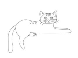 Hand drawn lying cute cat with closed eyes. Home pet in doodle style. Black and white outline vector illustration isolated on a white background.