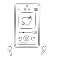 Hand drawn mobile phone screen with an e-book reader application and earphones. Reader interface in doodle style. Black and white Outline vector illustration isolated on a white background