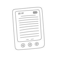 Outline e-book screen with buttons and charge level. A hand-drawn pocket book. Black and white vector illustration isolated on a white background