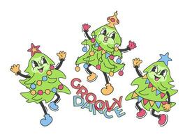 Groovy dance of Christmas trees. Retro cartoon vector isolated illustration with lettering