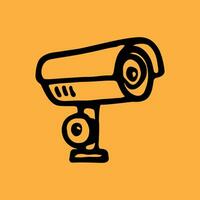 Security camera. CCTV surveillance system. Monitoring, guard equipment, burglary or robbery prevention. Vector illustration isolated on yellow background.