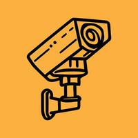 Security camera. CCTV surveillance system. Monitoring, guard equipment, burglary or robbery prevention. Vector illustration isolated on yellow background.