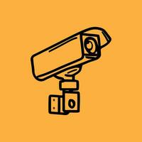 Security camera. CCTV surveillance system. Monitoring, guard equipment, burglary or robbery prevention. Vector illustration isolated on yellow background.