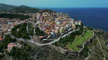 Aerial ascending view of Castelsardo city in Sardinia video