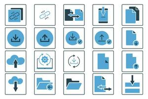 Download set icon. Contains icons download, upload, transfer, link, etc. suitable for web site design, app, user interfaces, printable, etc. Solid icon style. Simple vector design editable