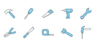 Carpentry set icon. Icon related to handyman tools. Contains icons hammer, screwdriver, saw, drill, etc. Flat line icon style. Simple vector design editable