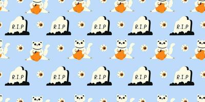 Cute Halloween seamless pattern with cat, tombstone and eyes on pink background. Halloween various elements. Pattern for wrapping paper and print design. Vector stock illustration in cartoon style.