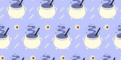 Cute Halloween seamless pattern with witchs cauldron, bones and human eyes on blue background. Halloween various elements. Pattern for print design. Vector stock illustration in cartoon style.