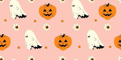 Cute Halloween seamless pattern with haunted pumpkin and eyes on pink background. Halloween various elements. Pattern for wrapping paper and print design. Vector stock illustration in cartoon style.