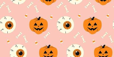 Cute Halloween seamless pattern with human eyes pumpkin and bones on a pink background. Halloween various elements. Pattern for and print design. Vector stock illustration in cartoon style.