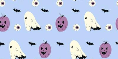 Cute Halloween seamless pattern with ghost, pumpkin and eyes on blue background. Halloween various elements. Pattern for wrapping paper and print design. Vector stock illustration in cartoon style.