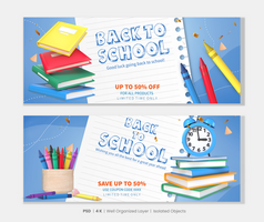 terug naar school- banners reeks met 3d renderen school- voorwerpen psd