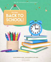 Back To School Poster Template With 3D Rendering Stack Of Books Alarm Clock And Crayon Colors psd