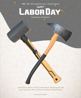 arbeid dag poster sjabloon met 3d renderen rubber hamer en bijl psd