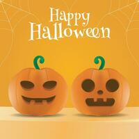 Happy Halloween Greeting Card, Post or Banner for Halloween Festival on Orange background with Pumpkins and Text Happy Halloween. vector
