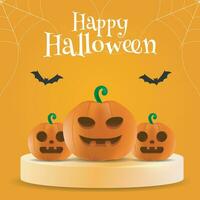 Happy Halloween Greeting Card, Post or Banner for Halloween Festival on Orange background with Pumpkins and Text Happy Halloween. vector