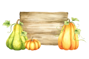 Wooden signboard. Wood board with orange and green pumpkins and leaves. Autumn information board. Watercolor illustration. Isolated. For postcards, marketing, invitations. png