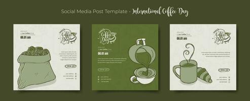 Social media post template with hand drawn illustration of coffee in green design for coffee day vector