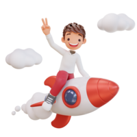 3d rendered cute student character is flying on a rocket png