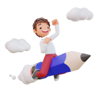 3d rendered cute student character is flying on a pencil png