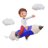 3d rendered cute student character is flying on a pencil png