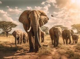 Elephant standing in front of intense sunset. Generative AI. photo