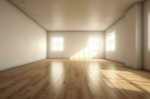 Empty white room with a wooden floor. Generative AI photo