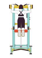 Woman pulling up on pullup machine flat line color vector character. Editable outline full body person on white. Building strong upper body simple cartoon spot illustration for web graphic design