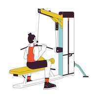 Man dragging bar down on lat pulldown machine flat line color vector character. Editable outline full body person on white. Fitness enthusiast simple cartoon spot illustration for web graphic design