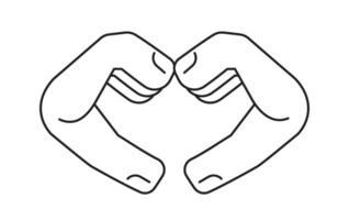 Heart sign monochrome flat vector hand. Hand showing heart shape. Hands gesture. Editable black and white thin line icon. Simple cartoon clip art spot illustration for web graphic design
