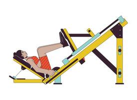 Woman bending knees on leg press machine flat line color vector character. Editable outline full body person on white. Quadriceps exercise simple cartoon spot illustration for web graphic design