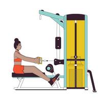 Woman in starting position on seated row machine flat line color vector character. Editable outline full body person on white. Upper arm muscles simple cartoon spot illustration for web graphic design