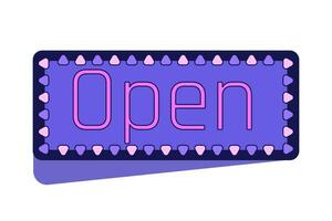 Neon open singboard flat line color isolated vector object. Welcome. Inviting visitors. Editable clip art image on white background. Simple outline cartoon spot illustration for web design