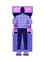 Young man playing arcade flat line color vector character. Leisure. Hobbie. Editable outline full body person on white. Simple cartoon spot illustration for web graphic design