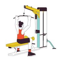 Man holding bar on lat pulldown machine flat line color vector character. Editable outline full body person on white. Engaging gym equipment simple cartoon spot illustration for web graphic design