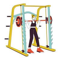 Woman with barbell in weight power rack flat line color vector character. Editable outline full body person on white. Female powerlifter simple cartoon spot illustration for web graphic design