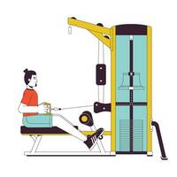 Man stretching cable on seated row machine flat line color vector character. Editable outline full body person on white. Improving posture simple cartoon spot illustration for web graphic design