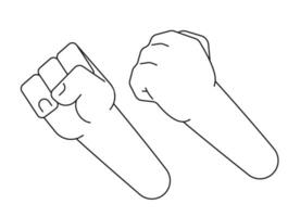 Raising clenching fists monochrome flat vector hand. Strong fists. Editable black and white thin line icon. Simple cartoon clip art spot illustration for web graphic design