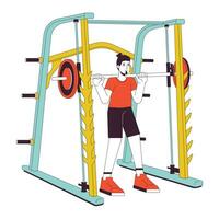 Man holding barbell in smith machine flat line color vector character. Editable outline full body person on white. Performing powerlifting simple cartoon spot illustration for web graphic design