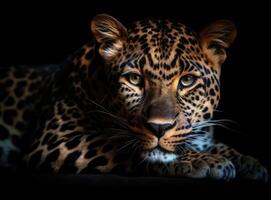 leopardo en negro antecedentes. generativo ai foto