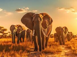 Elephant standing in front of intense sunset. Generative AI. photo