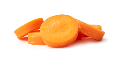 Fresh beautiful carrot slices in stack isolated with clipping path and shadow in png file format Front view.