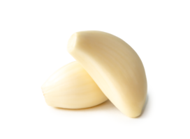 Two fresh peeled garlic cloves isolated with clipping path and shadow in png file format