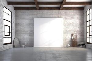 Blank canvas with brick wall in blank white room. Generative AI photo