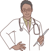 profissional jovem masculino médico personagem levando notas para prancheta para decoração. mão desenhado estilo png